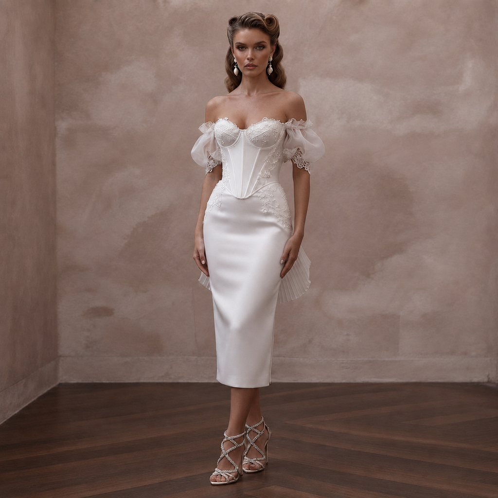 Pin-Up Style White Satin Corset Dress for Engagement Car Shoot
