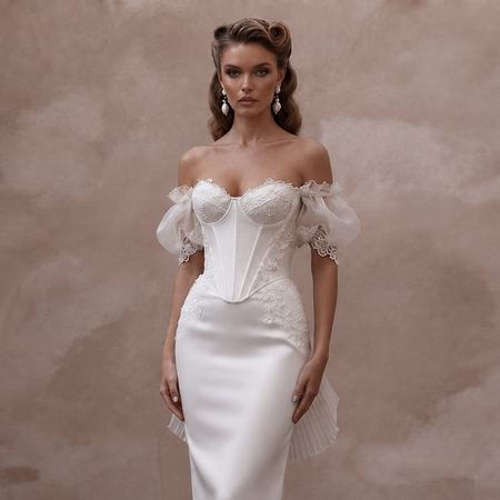 Pin - Up Style White Satin Corset Dress for Engagement Car Shoot - Apparel & Accessories > Clothing > Wedding & Bridal Party Dresses > Wedding Dresses - Mignonette Bridal