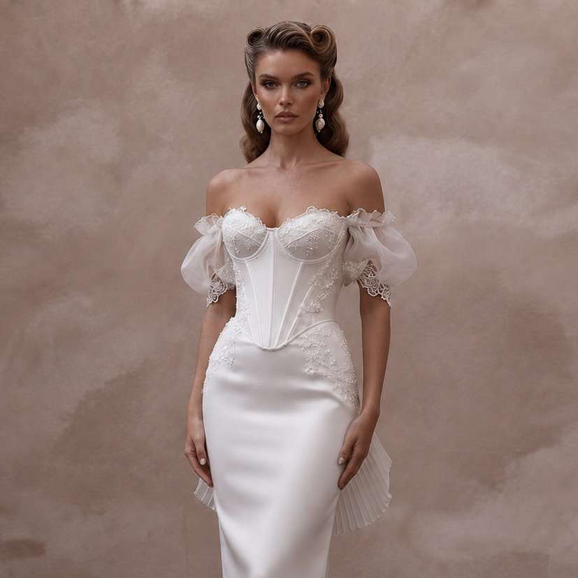 Pin-Up Style White Satin Corset Dress for Engagement Car Shoot