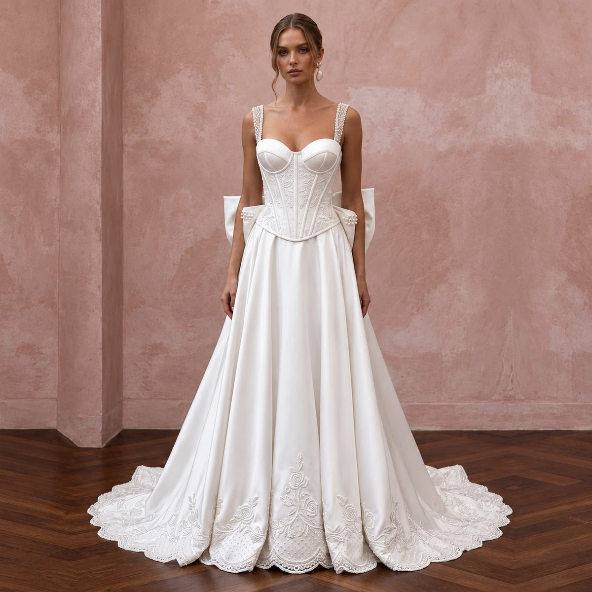 Pin-Up Style White Satin Corset Wedding Dress for Engagement Car Shoot