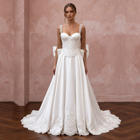 Pin-Up Style White Satin Corset Wedding Dress for Engagement Car Shoot