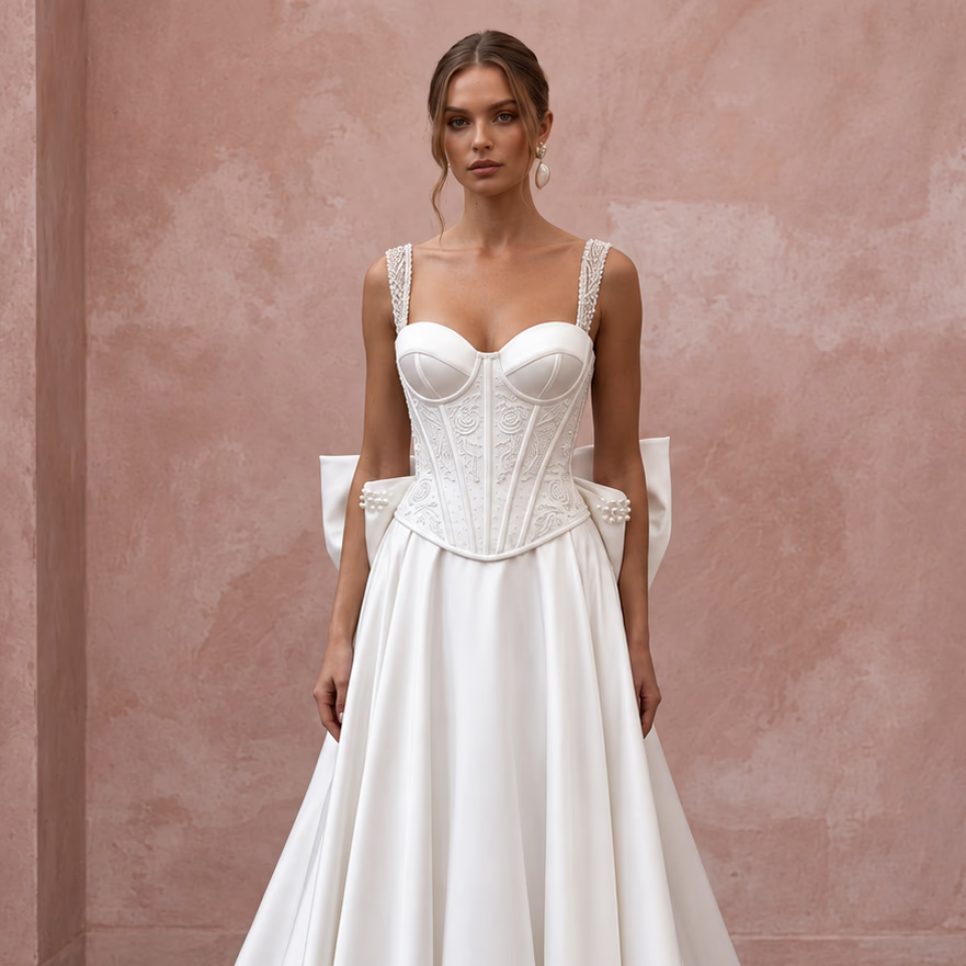 Pin-Up Style White Satin Corset Wedding Dress for Engagement Car Shoot
