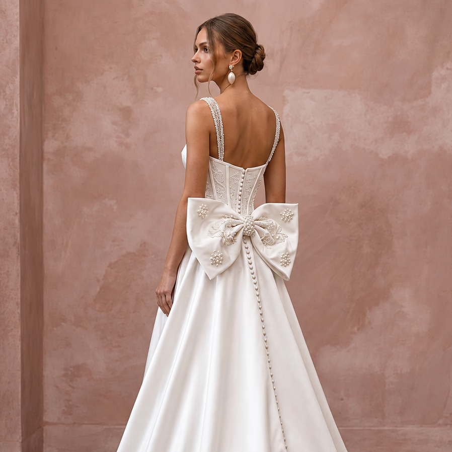 Pin-Up Style White Satin Corset Wedding Dress for Engagement Car Shoot