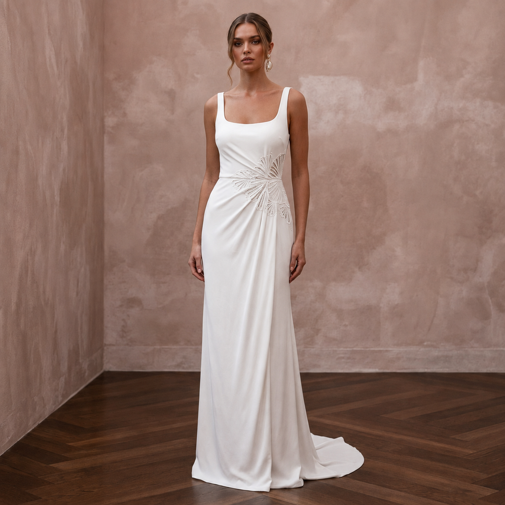 Plain Ivory Viscose Jersey Maxi Tank Dress for Beach Elopement