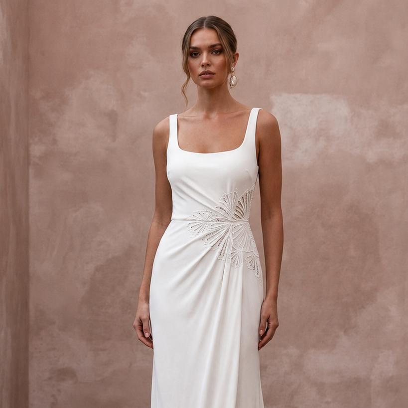 Plain Ivory Viscose Jersey Maxi Tank Dress for Beach Elopement