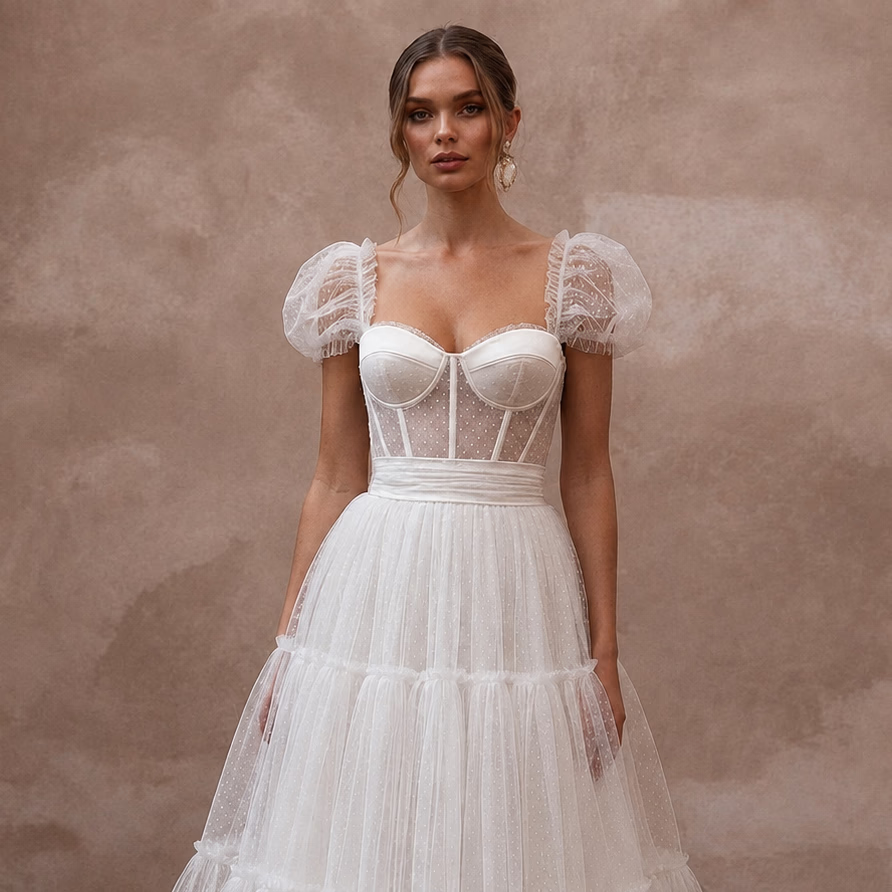 Playful White Tulle Tea - Length Dress for Rehearsal Dinner - Apparel & Accessories > Clothing > Wedding & Bridal Party Dresses > Wedding Dresses - Mignonette Bridal