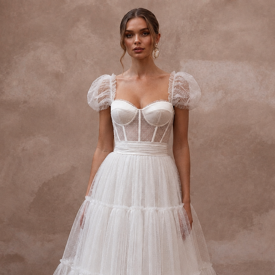 Playful White Tulle Tea-Length Dress for Rehearsal Dinner