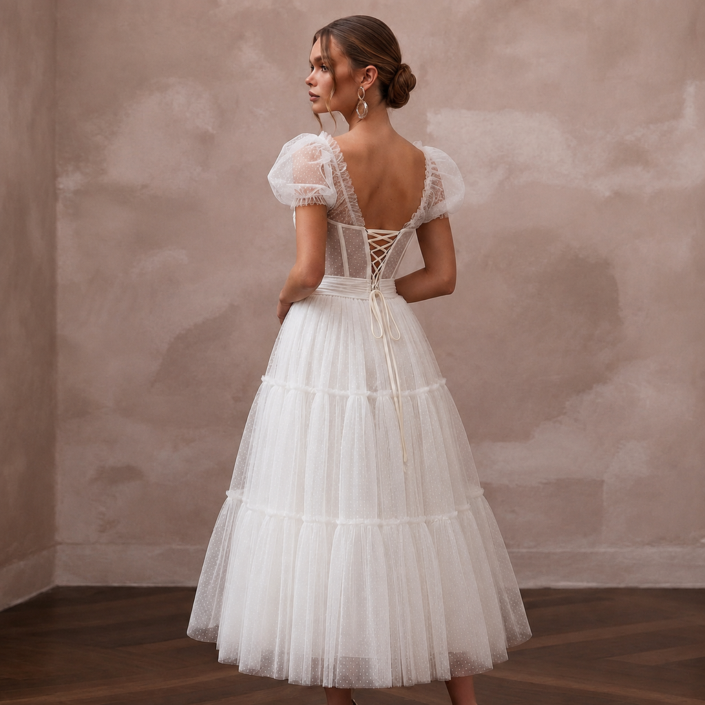 Playful White Tulle Tea-Length Dress for Rehearsal Dinner