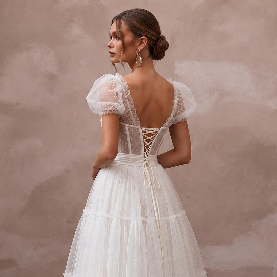 Playful White Tulle Tea - Length Dress for Rehearsal Dinner - Apparel & Accessories > Clothing > Wedding & Bridal Party Dresses > Wedding Dresses - Mignonette Bridal