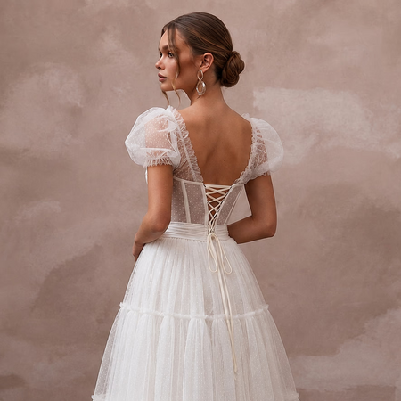 Playful White Tulle Tea - Length Dress for Rehearsal Dinner - Apparel & Accessories > Clothing > Wedding & Bridal Party Dresses > Wedding Dresses - Mignonette Bridal