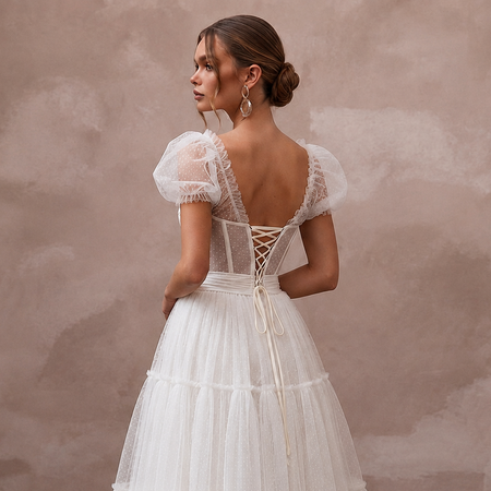 Playful White Tulle Tea-Length Dress for Rehearsal Dinner