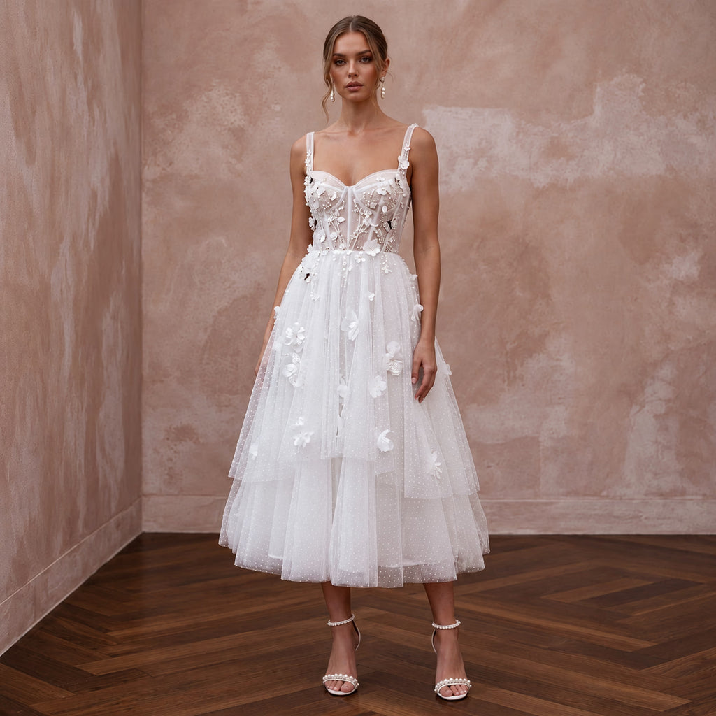 Playful White Tulle Tea-Length Wedding Dress for Rehearsal Dinner