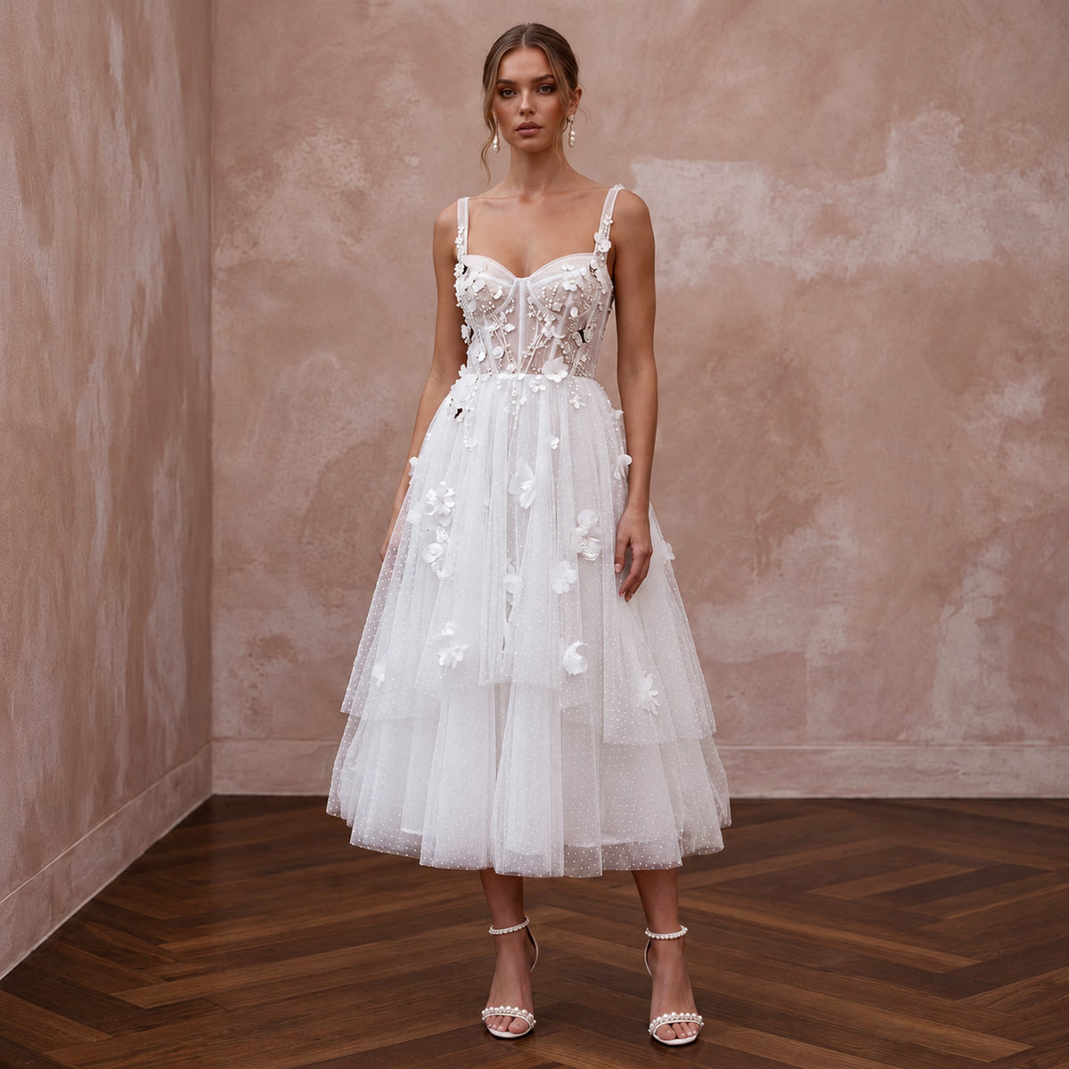 Playful White Tulle Tea-Length Wedding Dress for Rehearsal Dinner