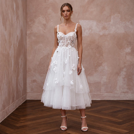 Playful White Tulle Tea-Length Wedding Dress for Rehearsal Dinner
