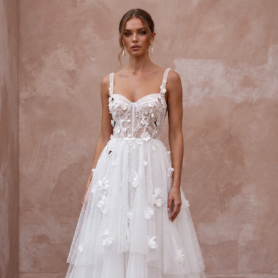 Playful White Tulle Tea-Length Wedding Dress for Rehearsal Dinner