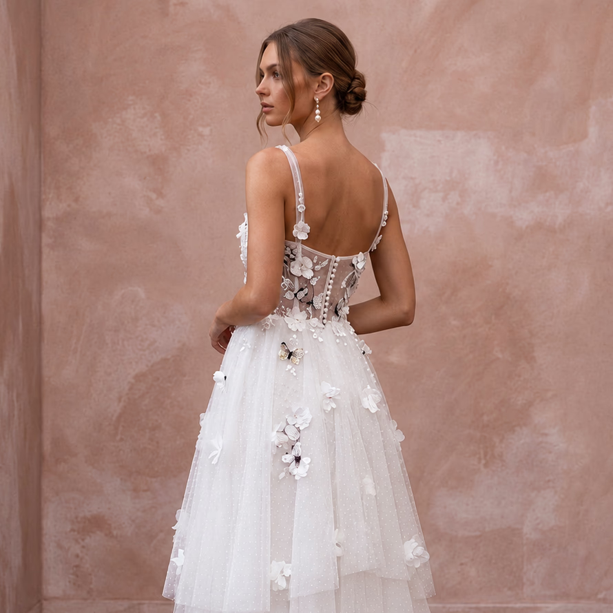 Playful White Tulle Tea-Length Wedding Dress for Rehearsal Dinner