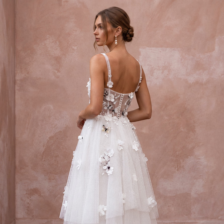 Playful White Tulle Tea-Length Wedding Dress for Rehearsal Dinner