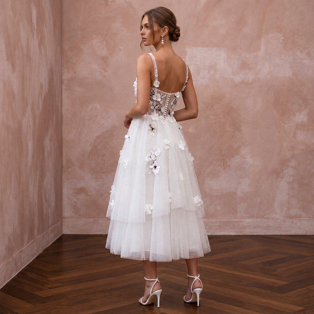 Playful White Tulle Tea-Length Wedding Dress for Rehearsal Dinner