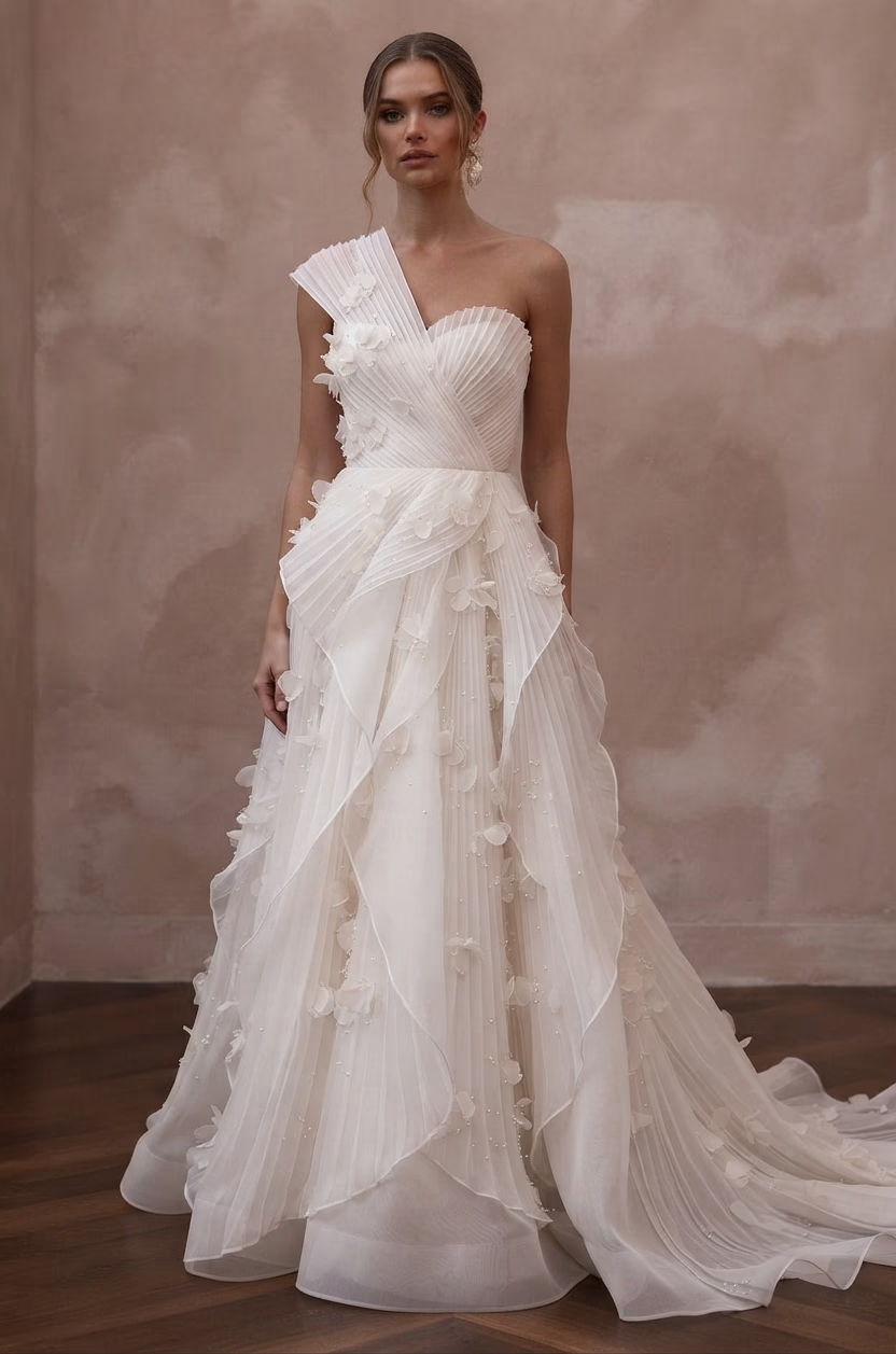 Pleated Organza Wedding Dresses with Modern Texture - Apparel & Accessories > Clothing > Wedding & Bridal Party Dresses > Wedding Dresses - Mignonette