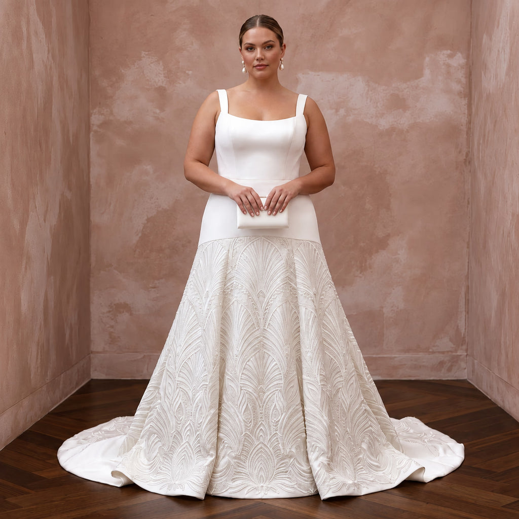 Plus Size Alabaster Heavy Satin Dropped Waist Trumpet Gown