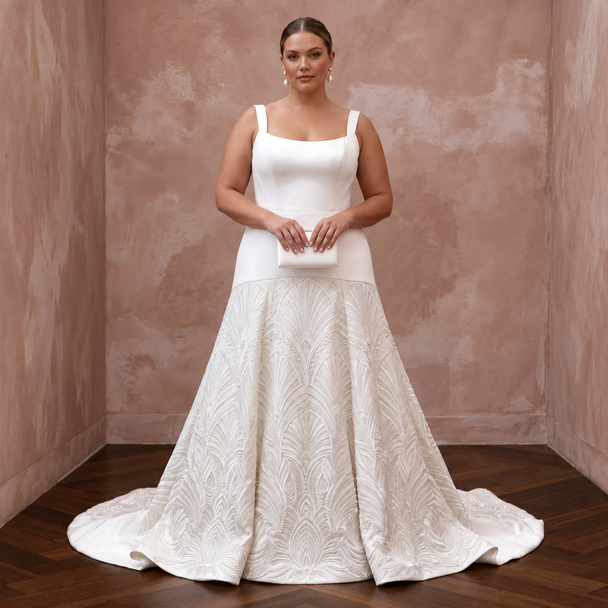 Plus Size Alabaster Heavy Satin Dropped Waist Trumpet Gown