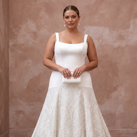 Plus Size Alabaster Heavy Satin Dropped Waist Trumpet Gown