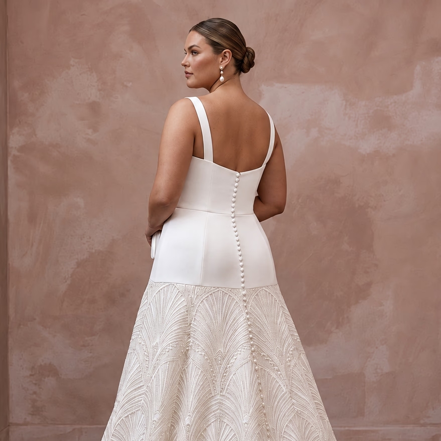 Plus Size Alabaster Heavy Satin Dropped Waist Trumpet Gown
