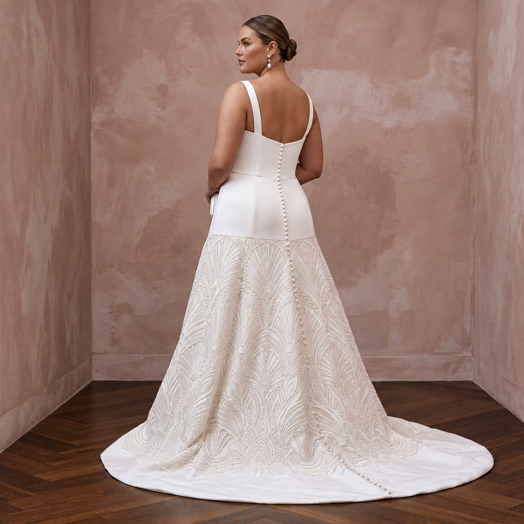 Plus Size Alabaster Heavy Satin Dropped Waist Trumpet Gown