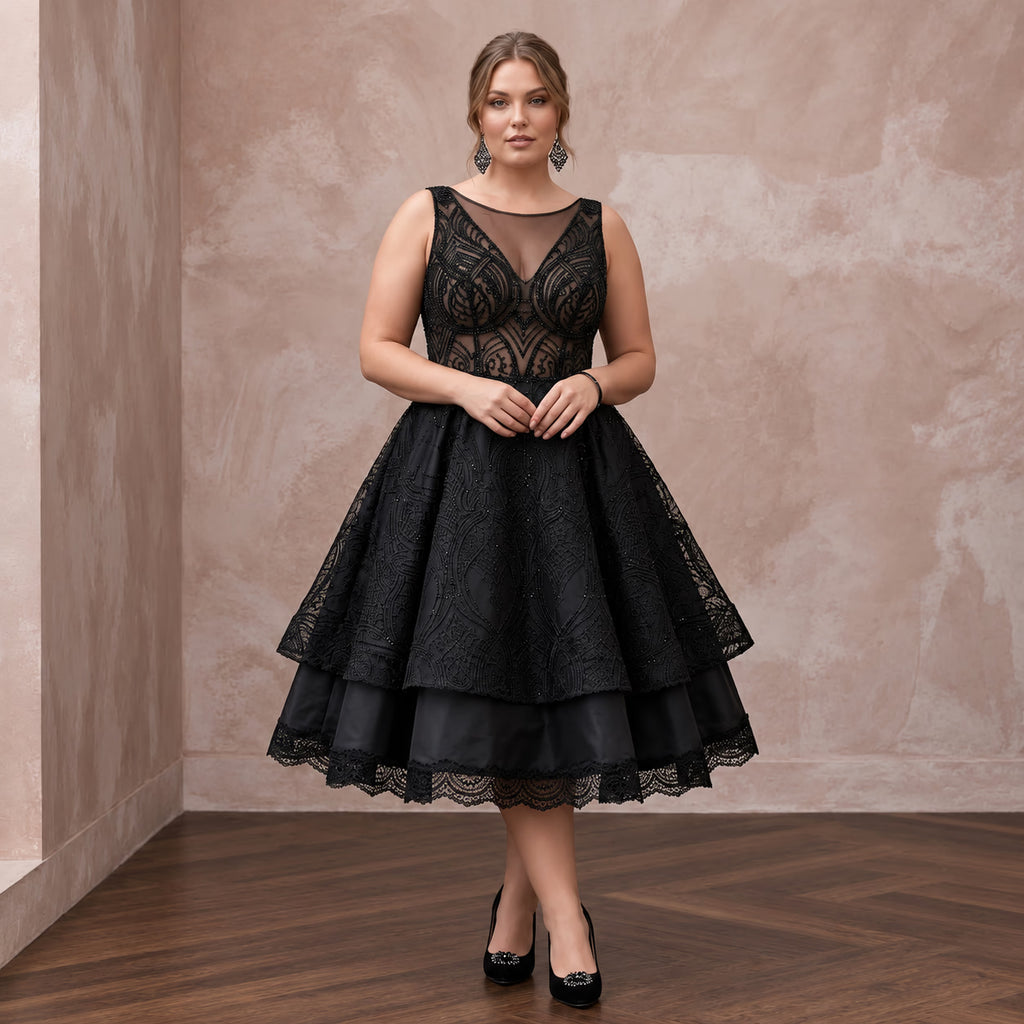 Plus Size Black Lace Illusion Bodice Fit - and - Flare Cocktail Dress - Apparel & Accessories > Clothing > Wedding & Bridal Party Dresses > Wedding Dresses - Mignonette Bridal