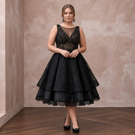 Plus Size Black Lace Illusion Bodice Fit - and - Flare Cocktail Dress - Apparel & Accessories > Clothing > Wedding & Bridal Party Dresses > Wedding Dresses - Mignonette Bridal
