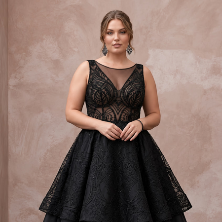 Plus Size Black Lace Illusion Bodice Fit - and - Flare Cocktail Dress - Apparel & Accessories > Clothing > Wedding & Bridal Party Dresses > Wedding Dresses - Mignonette Bridal