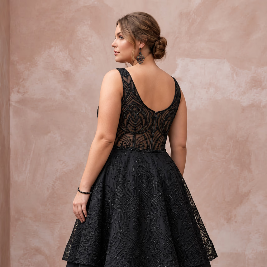 Plus Size Black Lace Illusion Bodice Fit - and - Flare Cocktail Dress - Apparel & Accessories > Clothing > Wedding & Bridal Party Dresses > Wedding Dresses - Mignonette Bridal