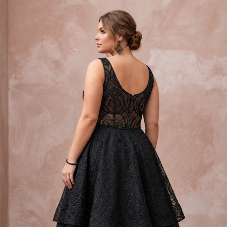 Plus Size Black Lace Illusion Bodice Fit - and - Flare Cocktail Dress - Apparel & Accessories > Clothing > Wedding & Bridal Party Dresses > Wedding Dresses - Mignonette Bridal