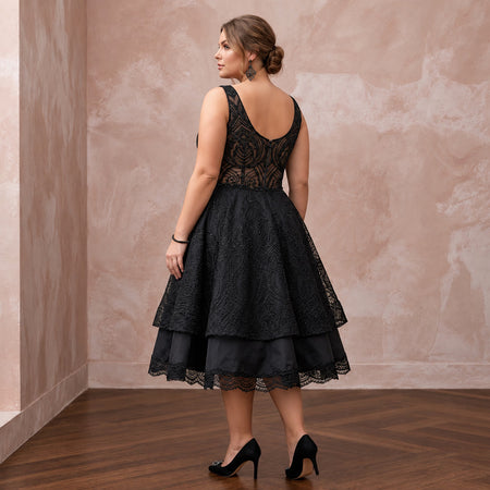 Plus Size Black Lace Illusion Bodice Fit - and - Flare Cocktail Dress - Apparel & Accessories > Clothing > Wedding & Bridal Party Dresses > Wedding Dresses - Mignonette Bridal