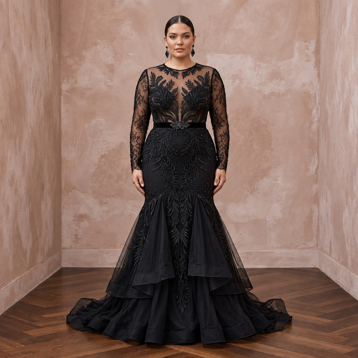 Plus Size Black Lace Illusion Bodice Fit-and-Flare Evening Gown