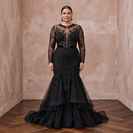Plus Size Black Lace Illusion Bodice Fit-and-Flare Evening Gown