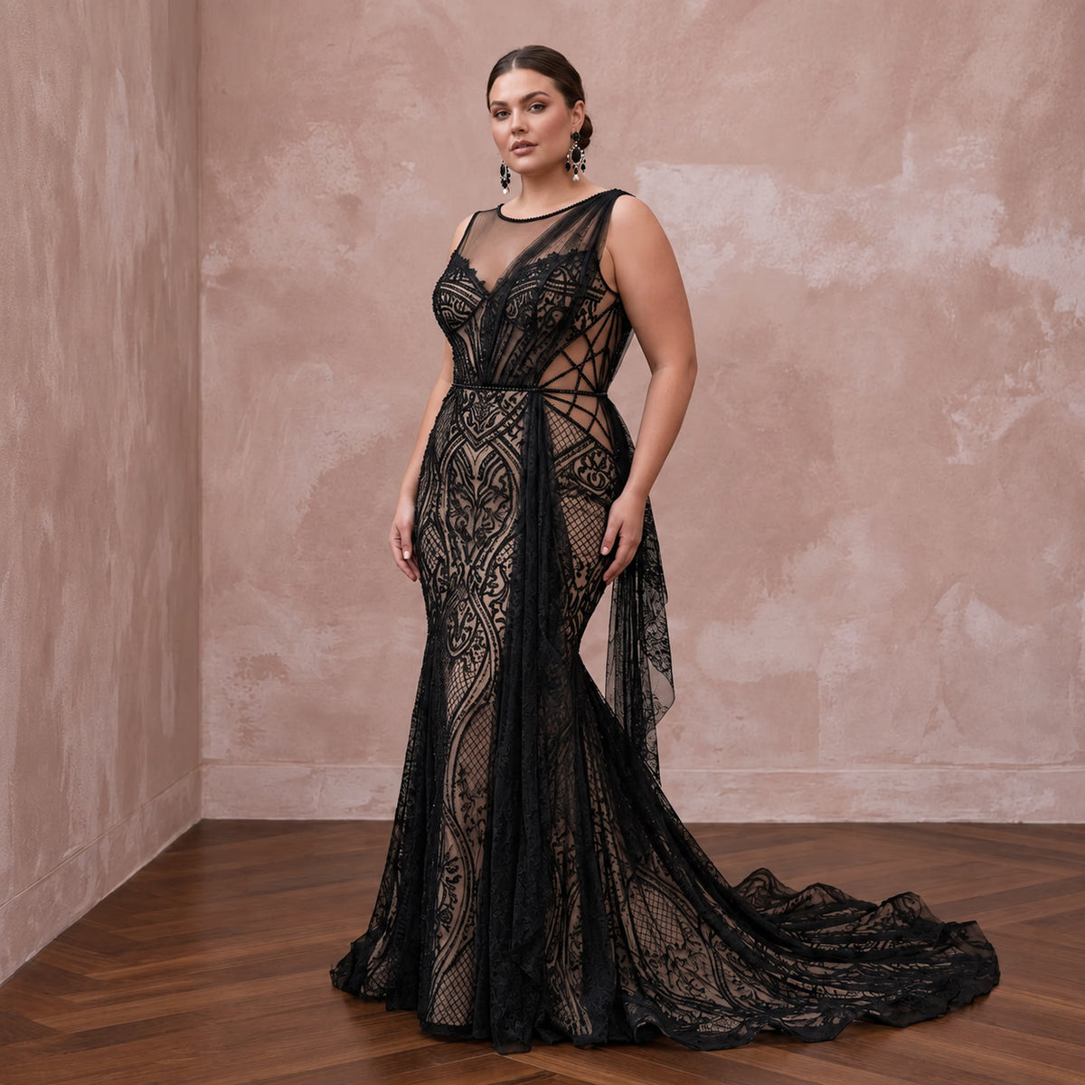 Plus Size Black Lace Illusion Bodice Fit - and - Flare Evening Gown - Apparel & Accessories > Clothing > Wedding & Bridal Party Dresses > Wedding Dresses - Mignonette Bridal