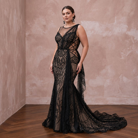 Plus Size Black Lace Illusion Bodice Fit - and - Flare Evening Gown - Apparel & Accessories > Clothing > Wedding & Bridal Party Dresses > Wedding Dresses - Mignonette Bridal