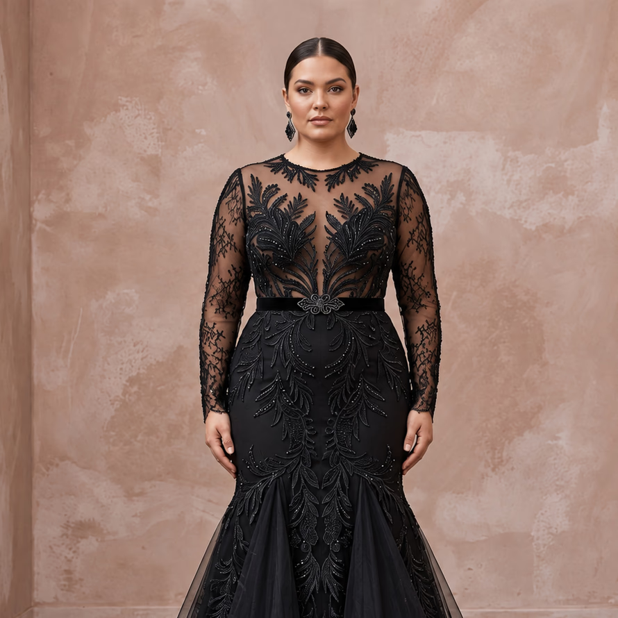 Plus Size Black Lace Illusion Bodice Fit-and-Flare Evening Gown