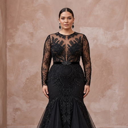 Plus Size Black Lace Illusion Bodice Fit-and-Flare Evening Gown