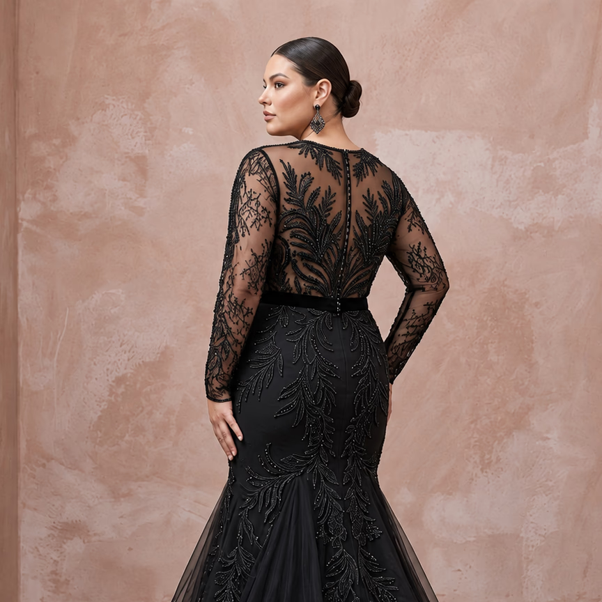 Plus Size Black Lace Illusion Bodice Fit-and-Flare Evening Gown
