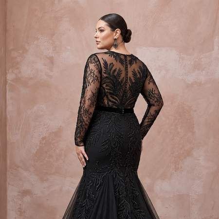 Plus Size Black Lace Illusion Bodice Fit-and-Flare Evening Gown