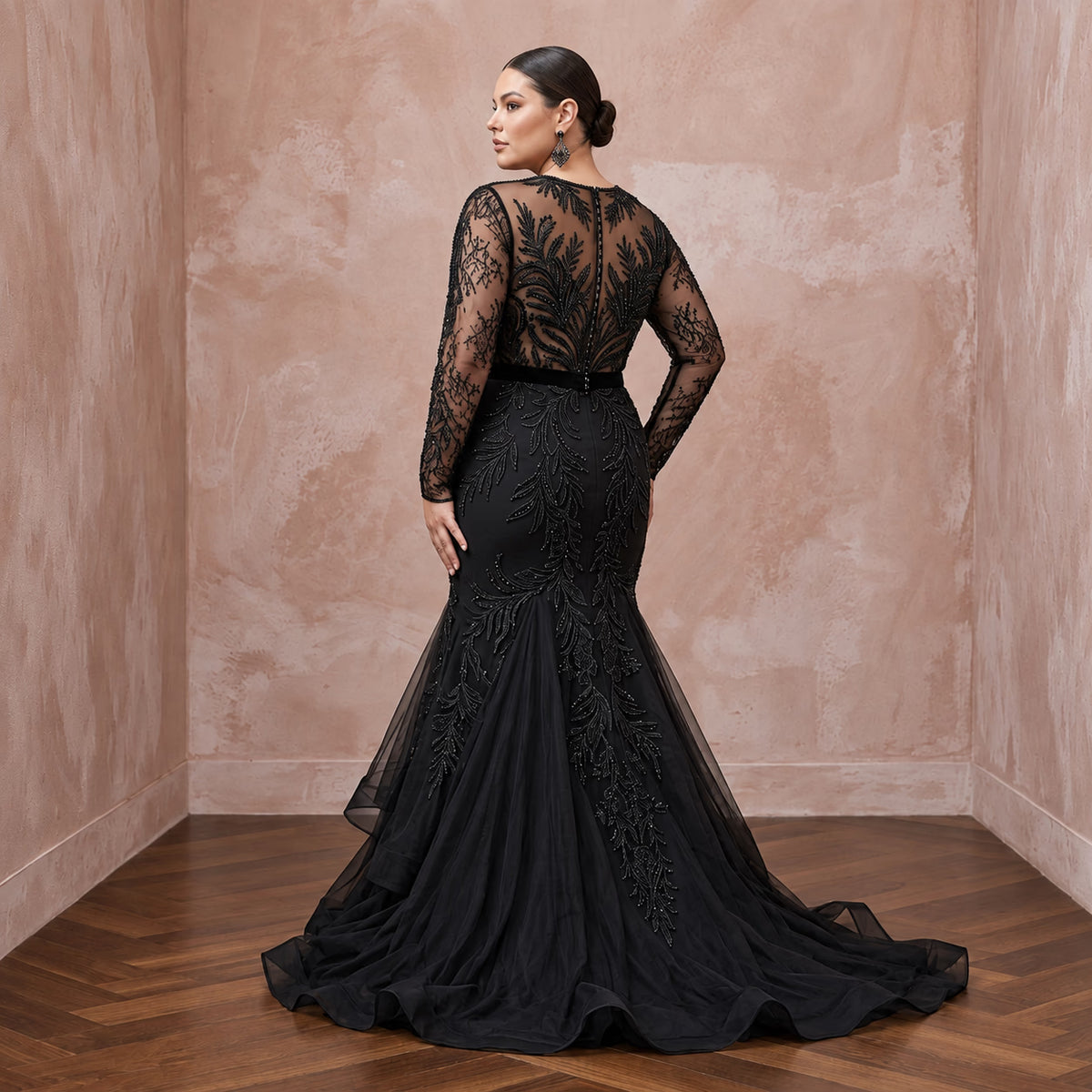 Plus Size Black Lace Illusion Bodice Fit-and-Flare Evening Gown