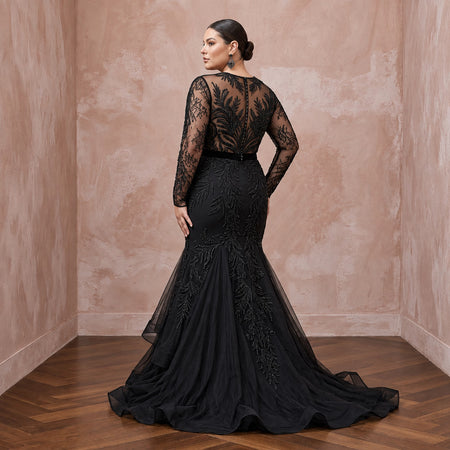 Plus Size Black Lace Illusion Bodice Fit-and-Flare Evening Gown