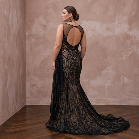 Plus Size Black Lace Illusion Bodice Fit - and - Flare Evening Gown - Apparel & Accessories > Clothing > Wedding & Bridal Party Dresses > Wedding Dresses - Mignonette Bridal