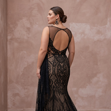 Plus Size Black Lace Illusion Bodice Fit - and - Flare Evening Gown - Apparel & Accessories > Clothing > Wedding & Bridal Party Dresses > Wedding Dresses - Mignonette Bridal