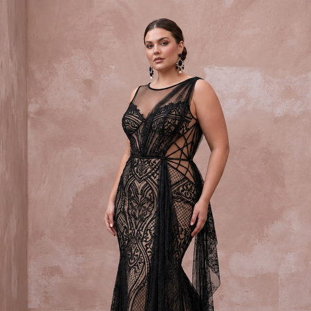 Plus Size Black Lace Illusion Bodice Fit - and - Flare Evening Gown - Apparel & Accessories > Clothing > Wedding & Bridal Party Dresses > Wedding Dresses - Mignonette Bridal