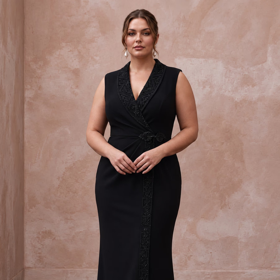 Plus Size Black Stretch Crepe Tailored Tuxedo Wrap Dress
