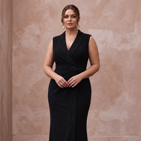 Plus Size Black Stretch Crepe Tailored Tuxedo Wrap Dress