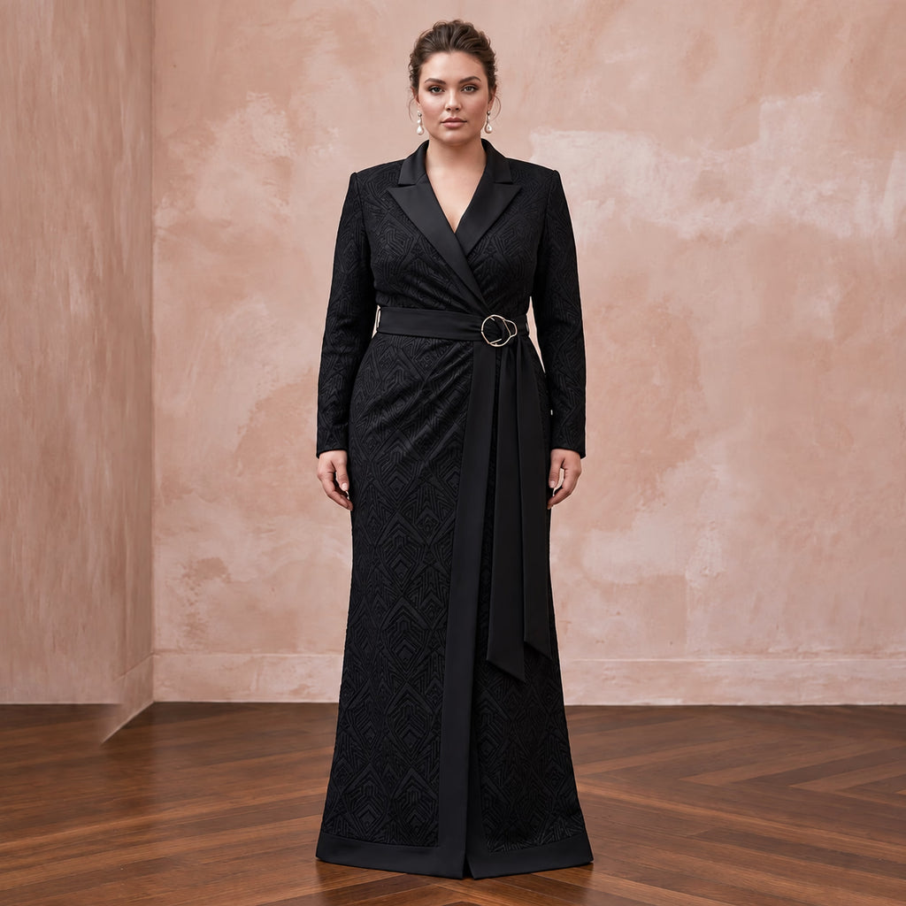 Plus Size Black Stretch Crepe Tailored Tuxedo Wrap Dress